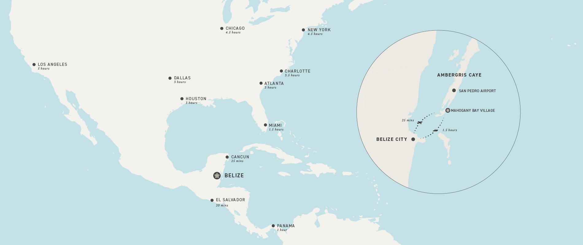 Map showing the different flying times to get to Mahogany Bay Resort in Belize